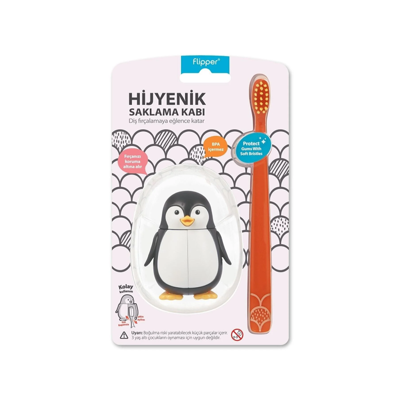 Flipper Hijyenik Fun Animal Saklama Kabı Ve Çocuk Diş Fırçası Seti - Penguen Figürlü